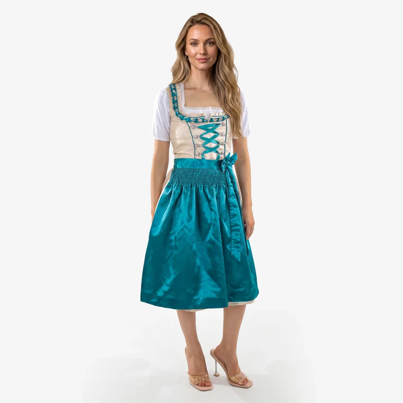 Midi Dirndl Dress Luxury Ivory Teal Elegance