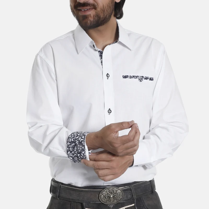 Modern Fit White Bavarian Shirt in Classic Black Details