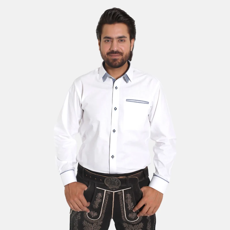 White Traditional Mens Lederhosen Shirt With Pocket Highlight
