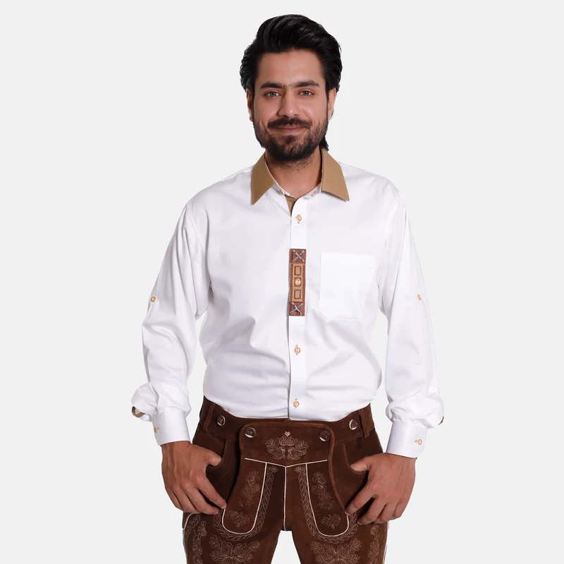 Lederhosen Shirt In Milky White with Tan Patch