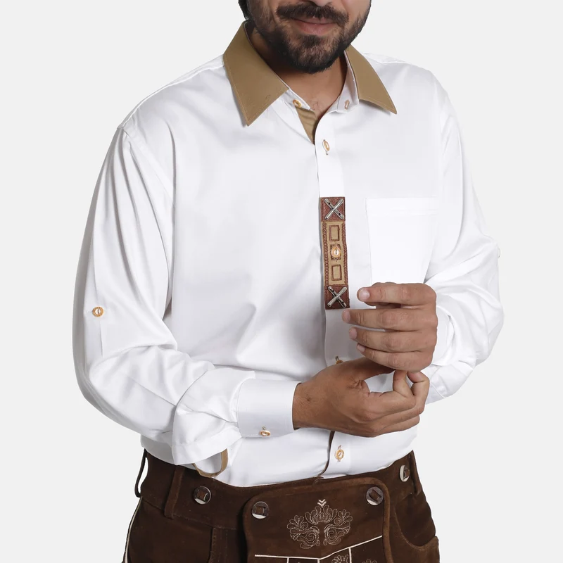 Lederhosen Shirt In Milky White with Tan Patch