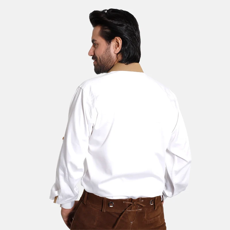 Lederhosen Shirt In Milky White with Tan Patch