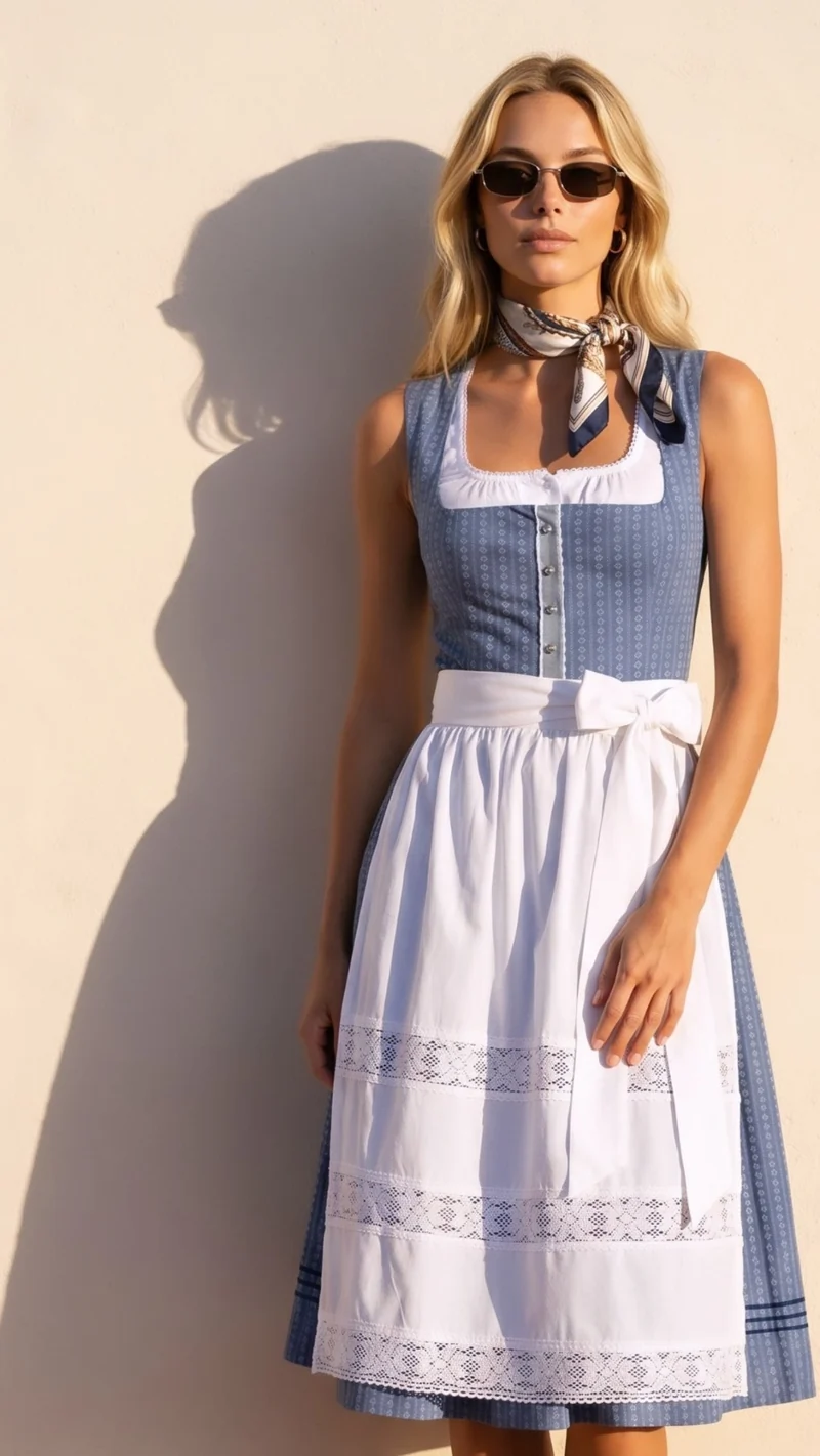 BW DIRNDL VINTAGE STRIPED FLOWER TAUBENBLAU