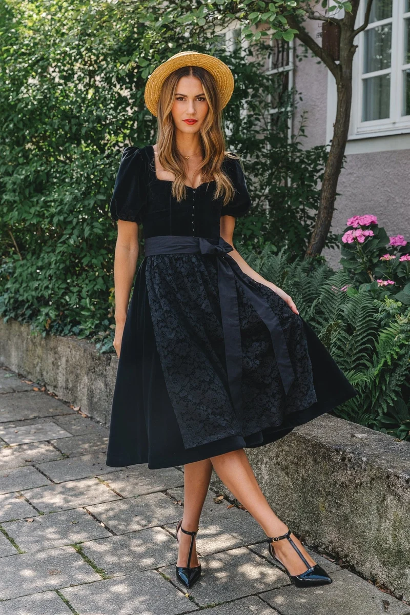 SAMT DIRNDL BLACK VELVET EDITION FOLKLORE SCHWARZ MIT 2 SCHÜRZEN