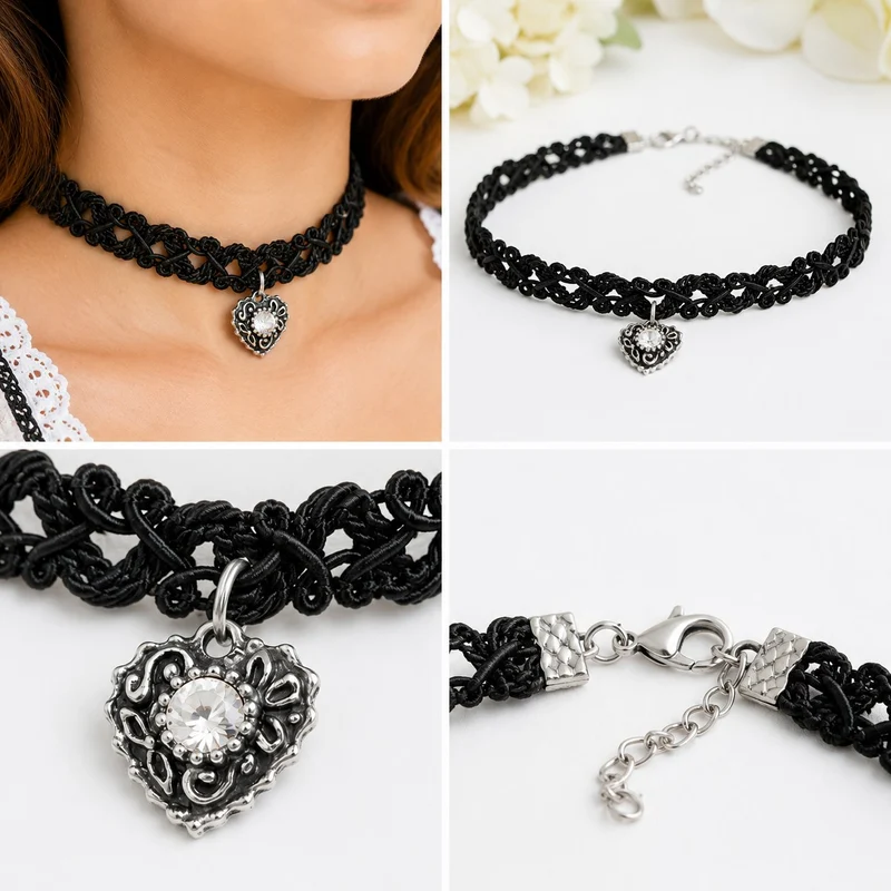 LUISIA® Spitzen Kropfband "Malina" mit Herzanhänger | Schwarz