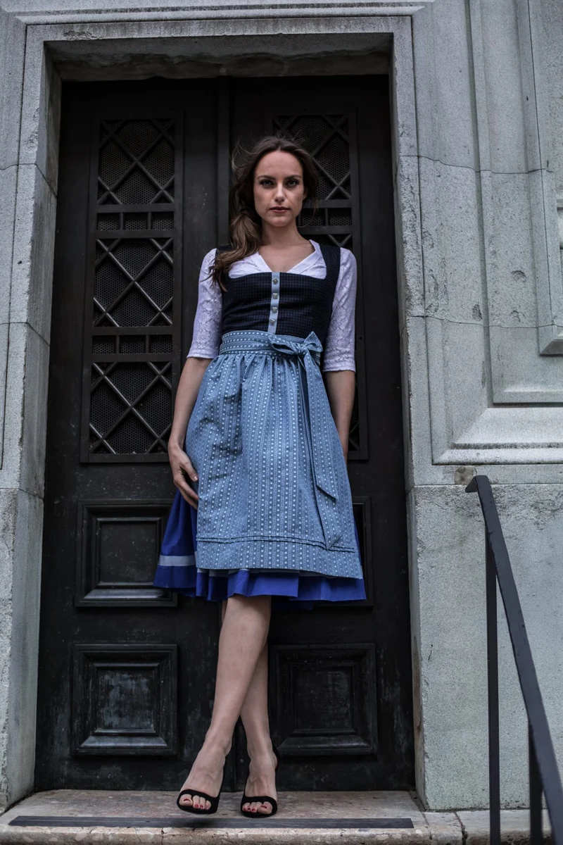 LODEN DIRNDL KARO FLOWER STRIPES DUNKELBLAU/ ENZIAN
