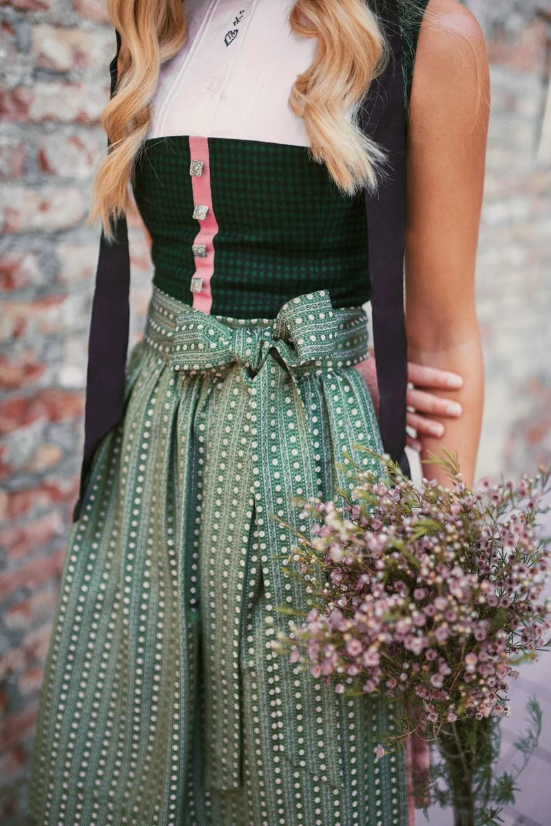 LODEN DIRNDL KARO FLOWER STRIPES FLASCHENGRÜN/ALTROSA