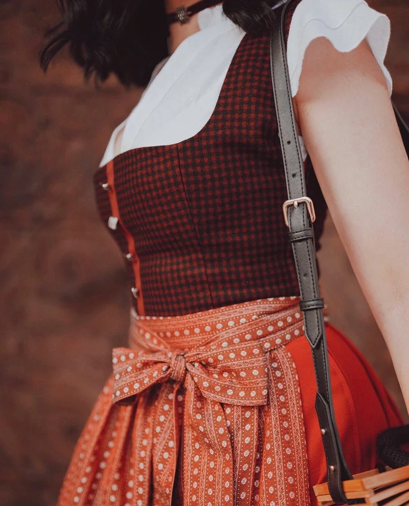 LODEN DIRNDL KARO FLOWER STRIPES CHIANTI/ ROST