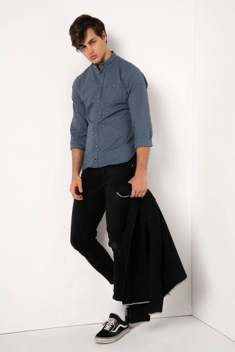 TRACHTENHEMD SLIMFIT FASHION KARO BLAU/ SCHWARZ
