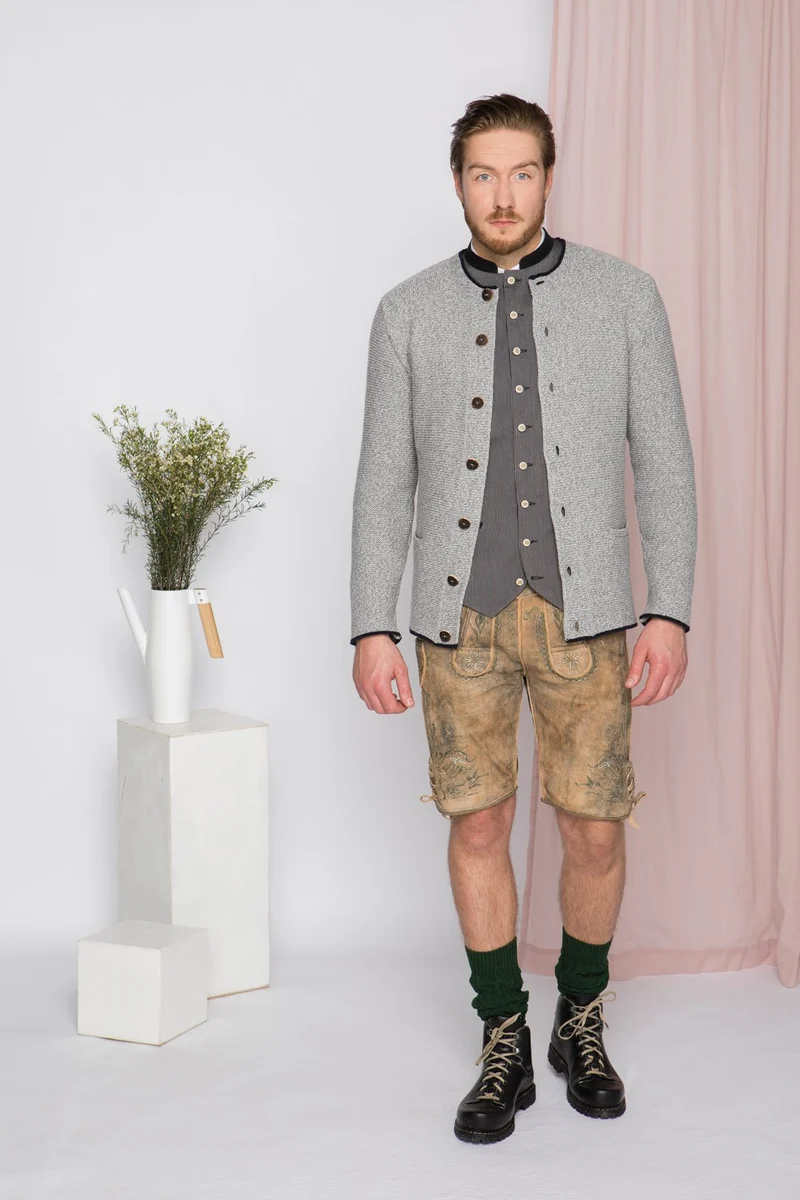 STRICKJACKE PETER MIT STEHKRAGEN GRAU-MELANGE/ NAVY