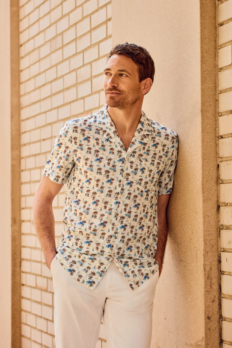 Resort Shirt Gewaschen Palmen Print Grün/ Weiss