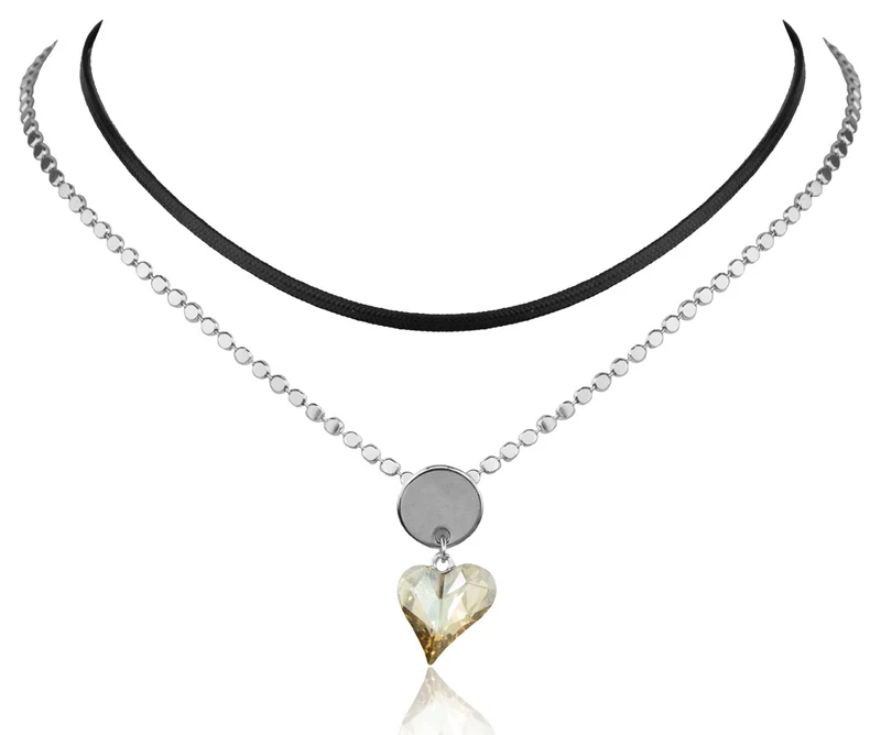 LUISIA® Doppelte Halskette mit Premium Kristallen - Herz und schwarzem Band