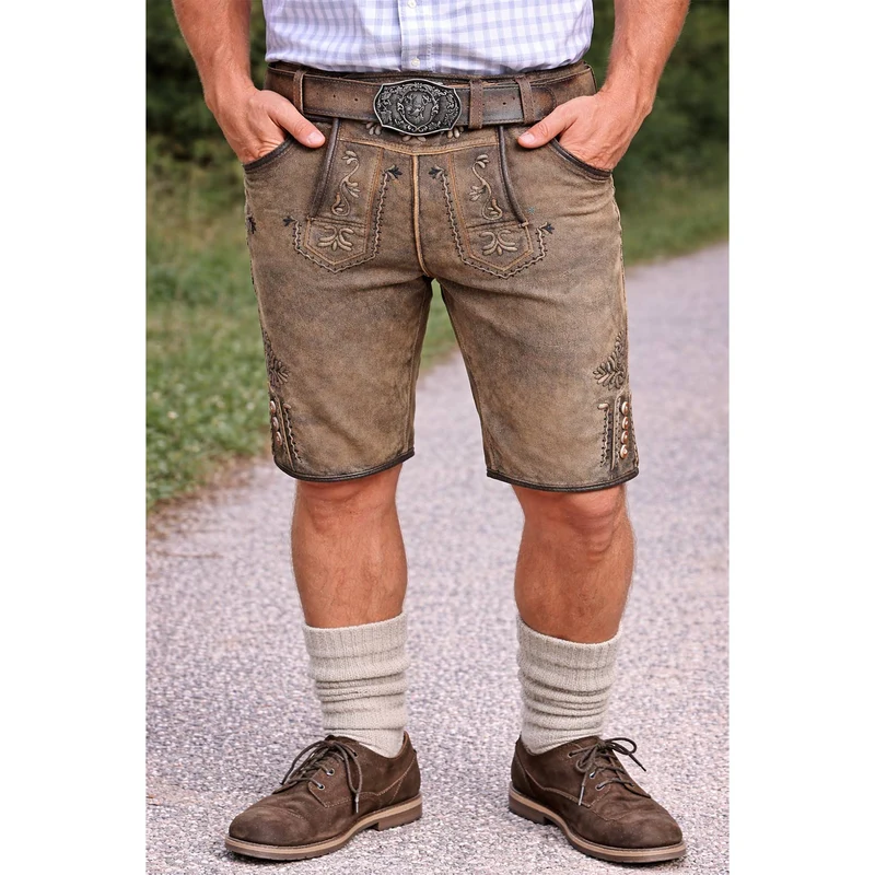 MADDOX Kurze Herren Lederhose "Zugersee" mit Gürtel | Antik R. Zement