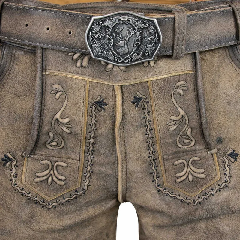 MADDOX Kurze Herren Lederhose "Zugersee" mit Gürtel | Antik R. Zement