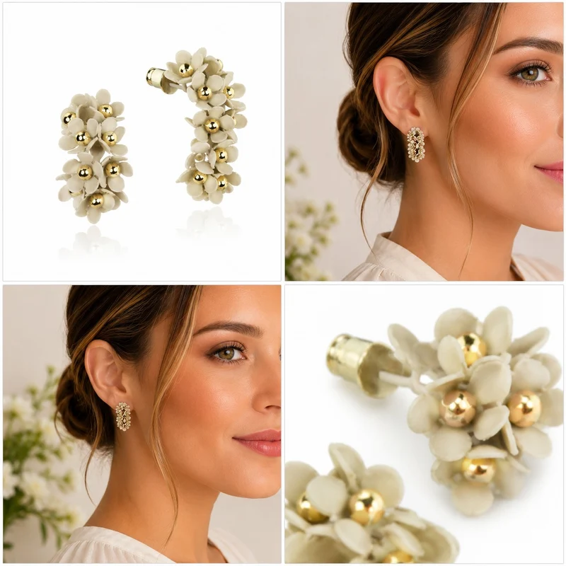 LUISIA® Halb Creolen Ohrstecker "Mia" mit Blüten | Sand