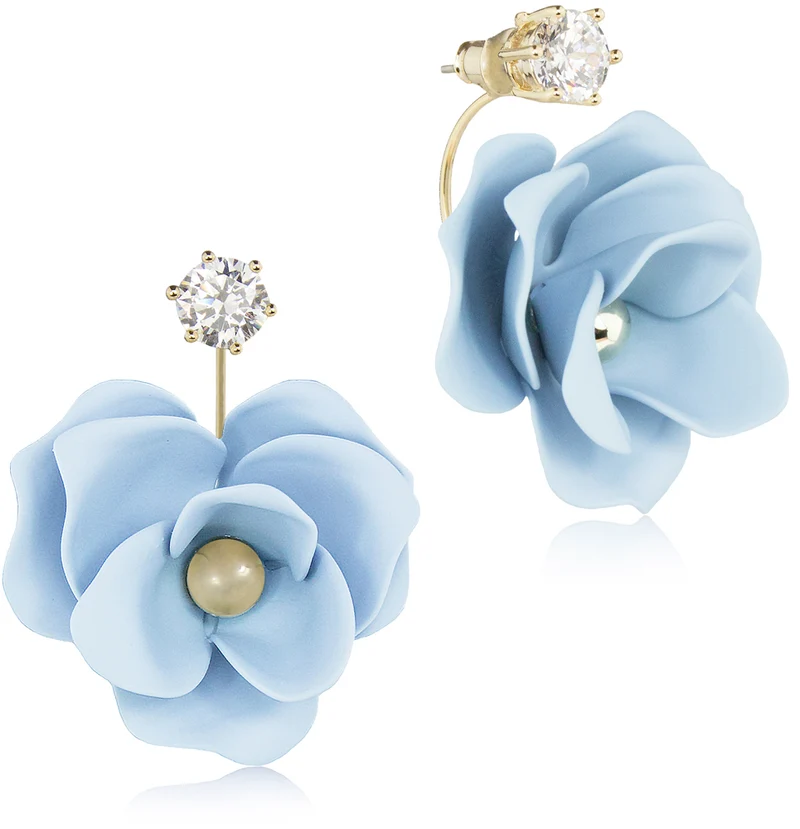 LUISIA Front Back Ohrringe Jarla mit Blumen - 16 Karat vergoldet Hellblau