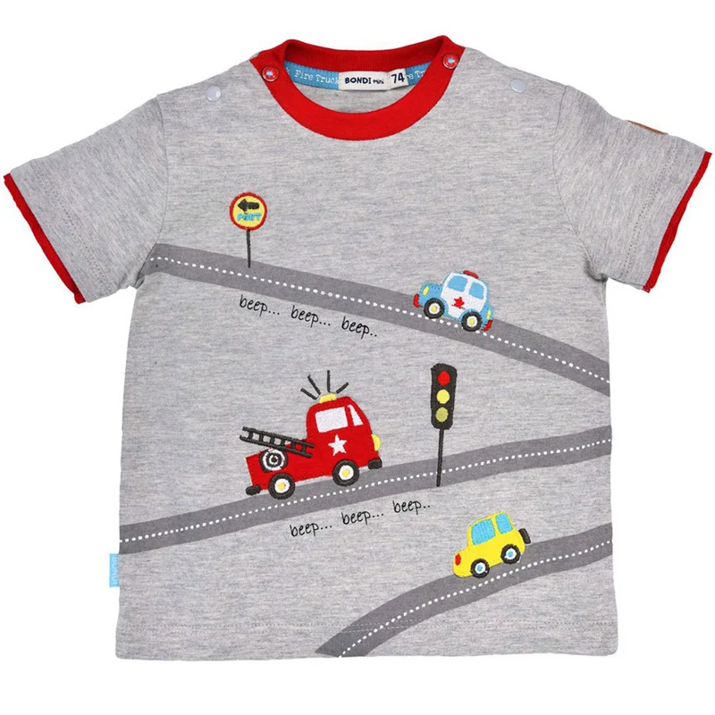 BONDI Baby Jungen T-Shirt "Traffic" 91480 - Grau/Rot | Kinder Kurzarmshirt Auto Feuerwehr