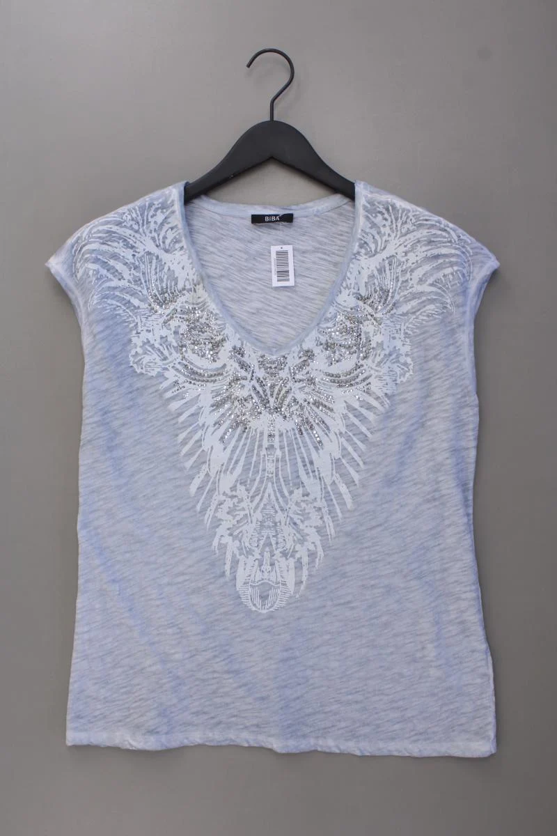 Biba Shirt mit V-Ausschnitt Gr. L Kurzarm mit Pailletten blau aus Baumwolle