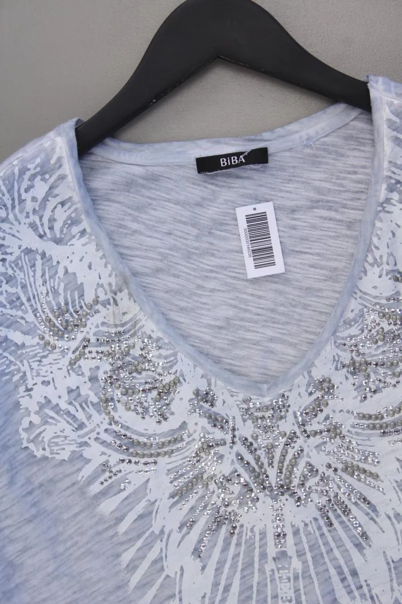 Biba Shirt mit V-Ausschnitt Gr. L Kurzarm mit Pailletten blau aus Baumwolle
