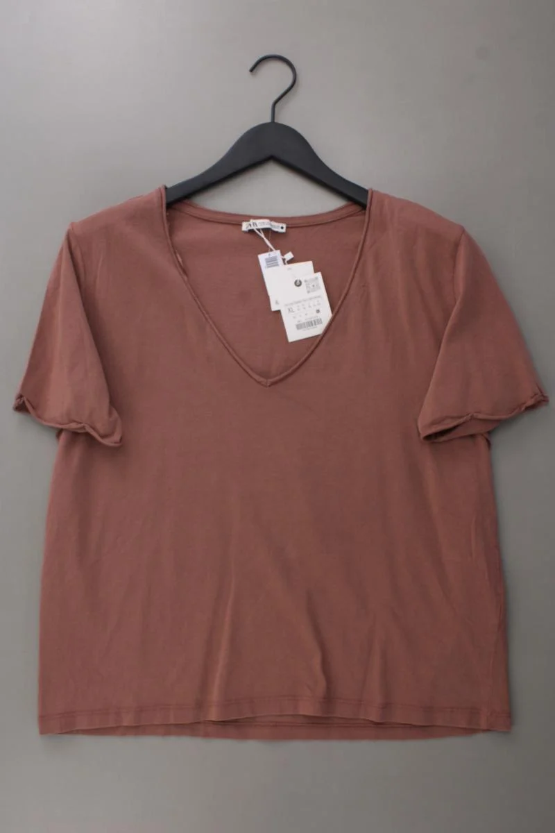Zara Shirt mit V-Ausschnitt Gr. XL neu mit Etikett Kurzarm braun aus Baumwolle