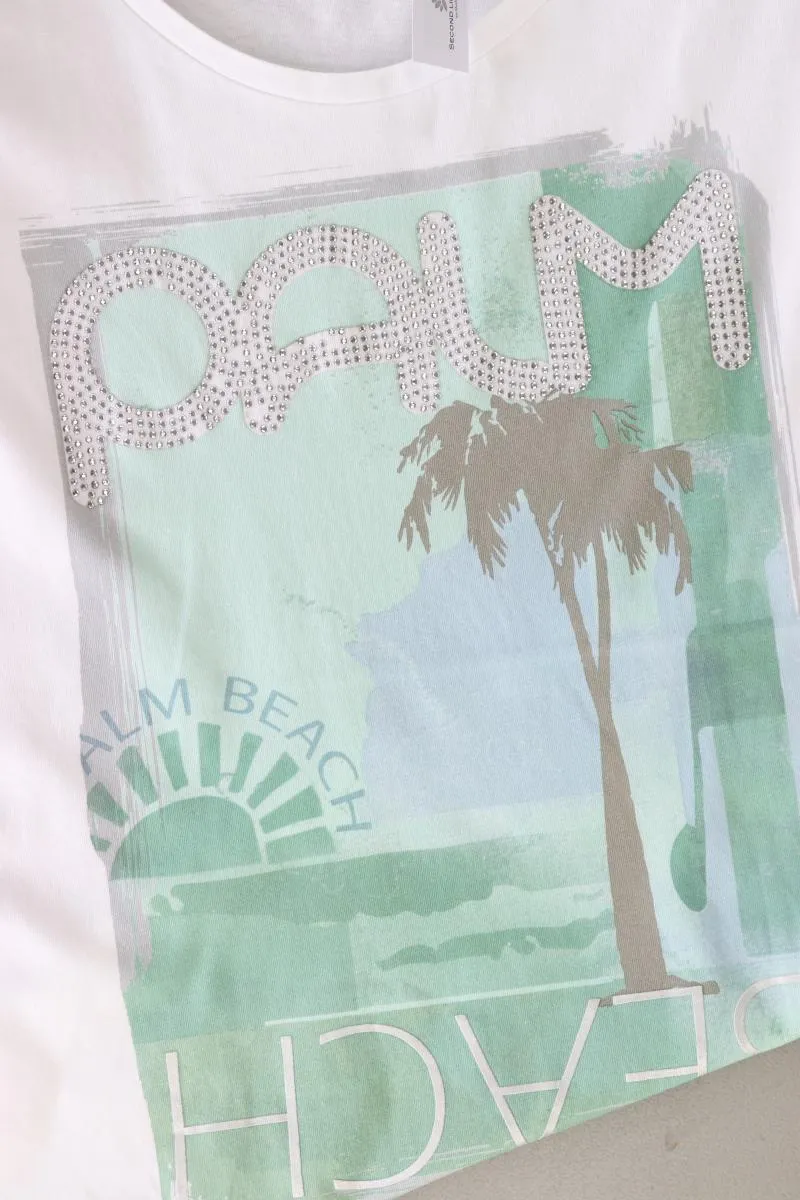 Monari T-Shirt Gr. 40 neuwertig Kurzarm mit Glitzer weiß aus Baumwolle