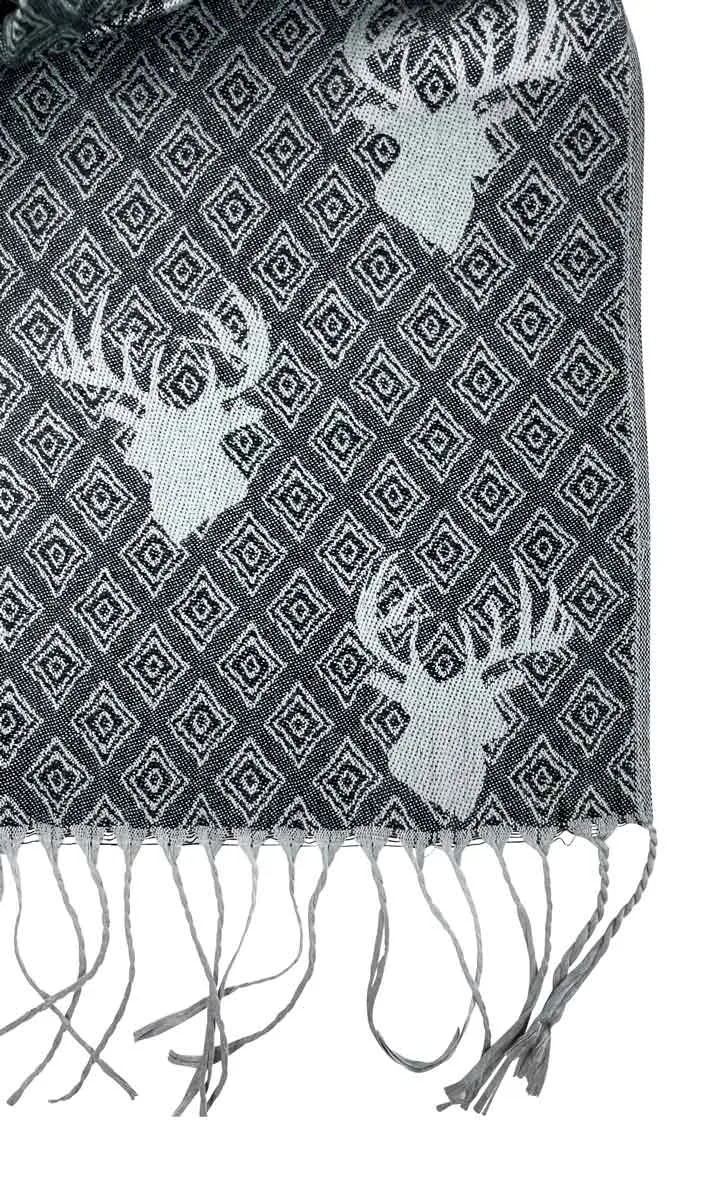 Halstuch Schal mit Hirschkopf Motiv 185 x 70 cm | Schwarz / Silber