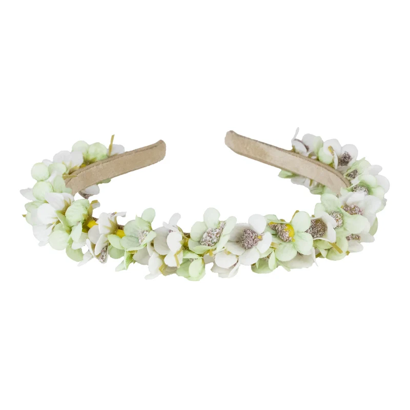 Blumen Haarreif "Elfe" - Schmaler Blütenkranz | Weiß Grün