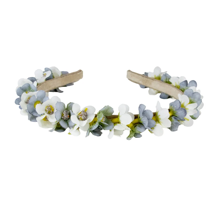 Blumen Haarreif "Elfe" - Schmaler Blütenkranz | Weiß Grau