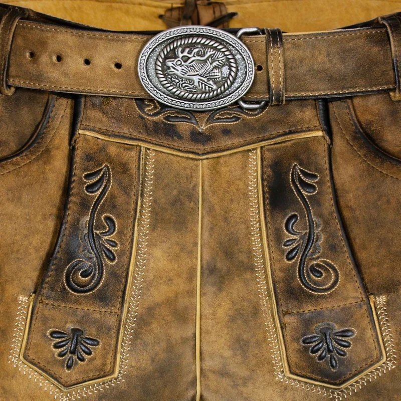 MADDOX Kurze Herren Lederhose "Mandlach" mit Gürtel | Camel Braun