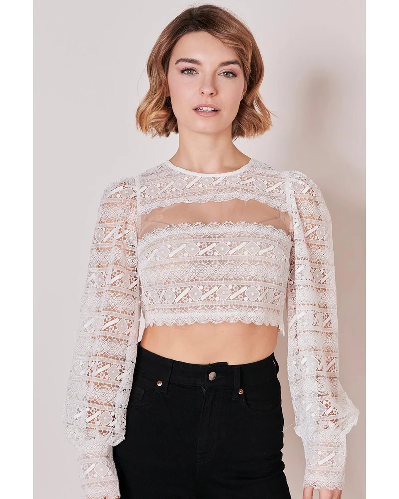 Krüger Collection Langarm Dirndlbluse "Claire" mit Spitze 214166 | Ecru