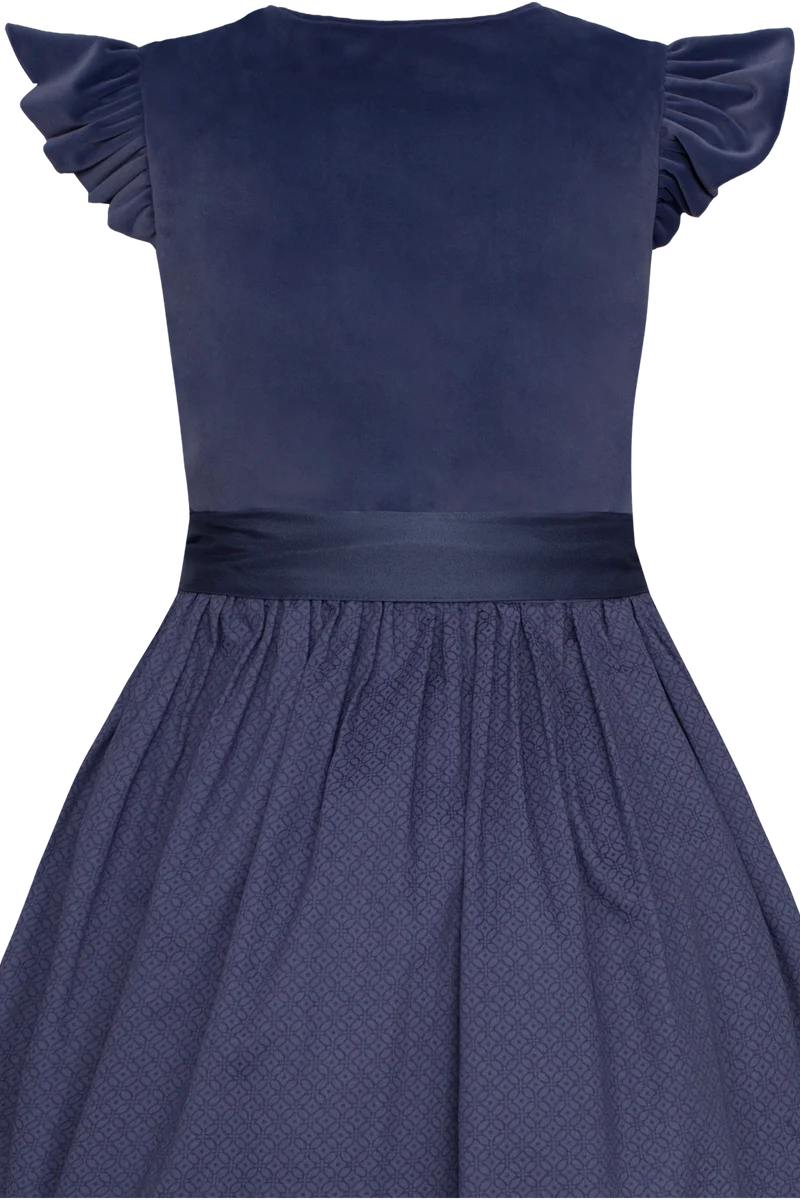 Kinderdirndl mit Veloursoberteil und Flügelärmel - taubenblau