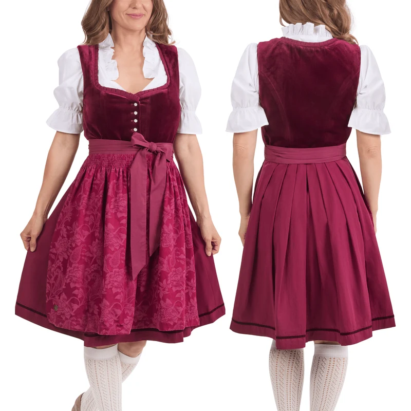 German Dirndl Dress Set Burgundy Velvet with Blouse