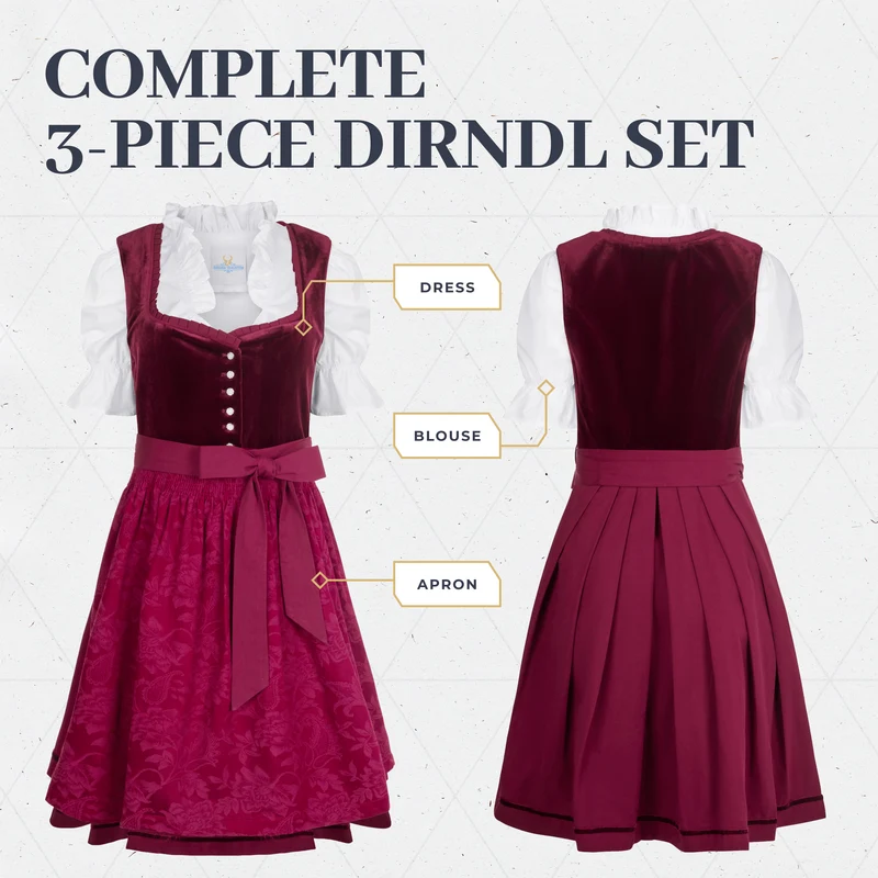 German Dirndl Dress Set Burgundy Velvet with Blouse