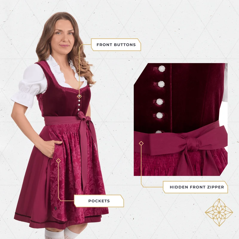 German Dirndl Dress Set Burgundy Velvet with Blouse