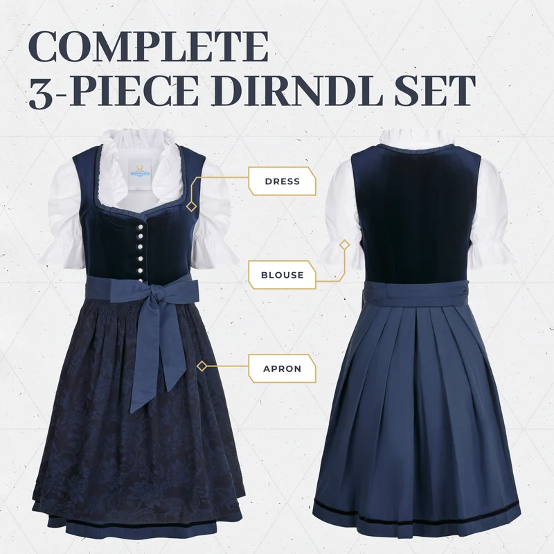 German Dirndl Dress Set Dark Blue Velvet with Blouse