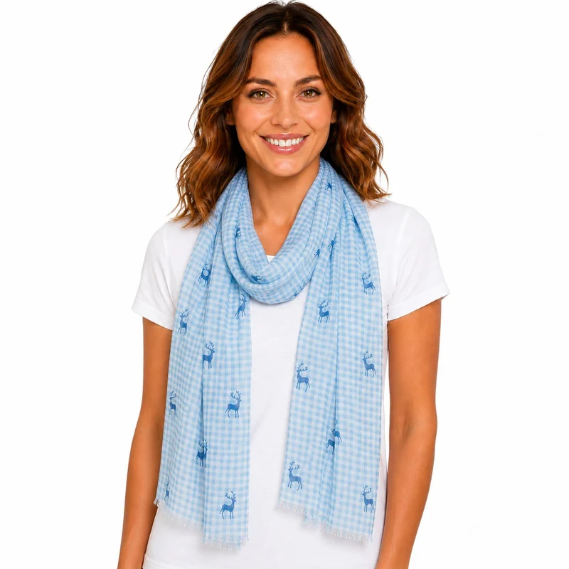 Trachten Halstuch Schal Kariert mit Hirschmotiv 185 x 70 cm | Hellblau