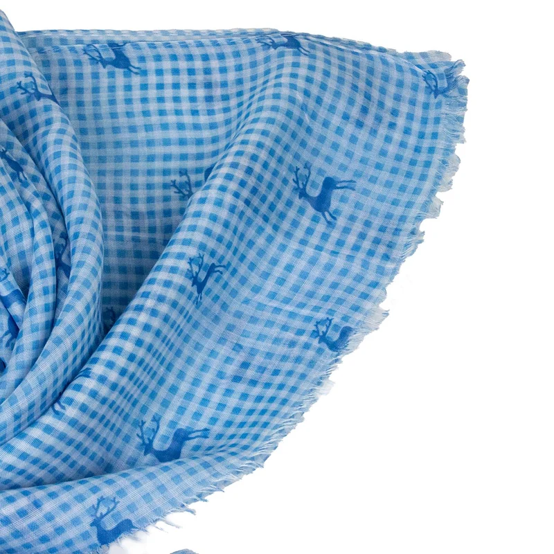 Trachten Halstuch Schal Kariert mit Hirschmotiv 185 x 70 cm | Himmelblau