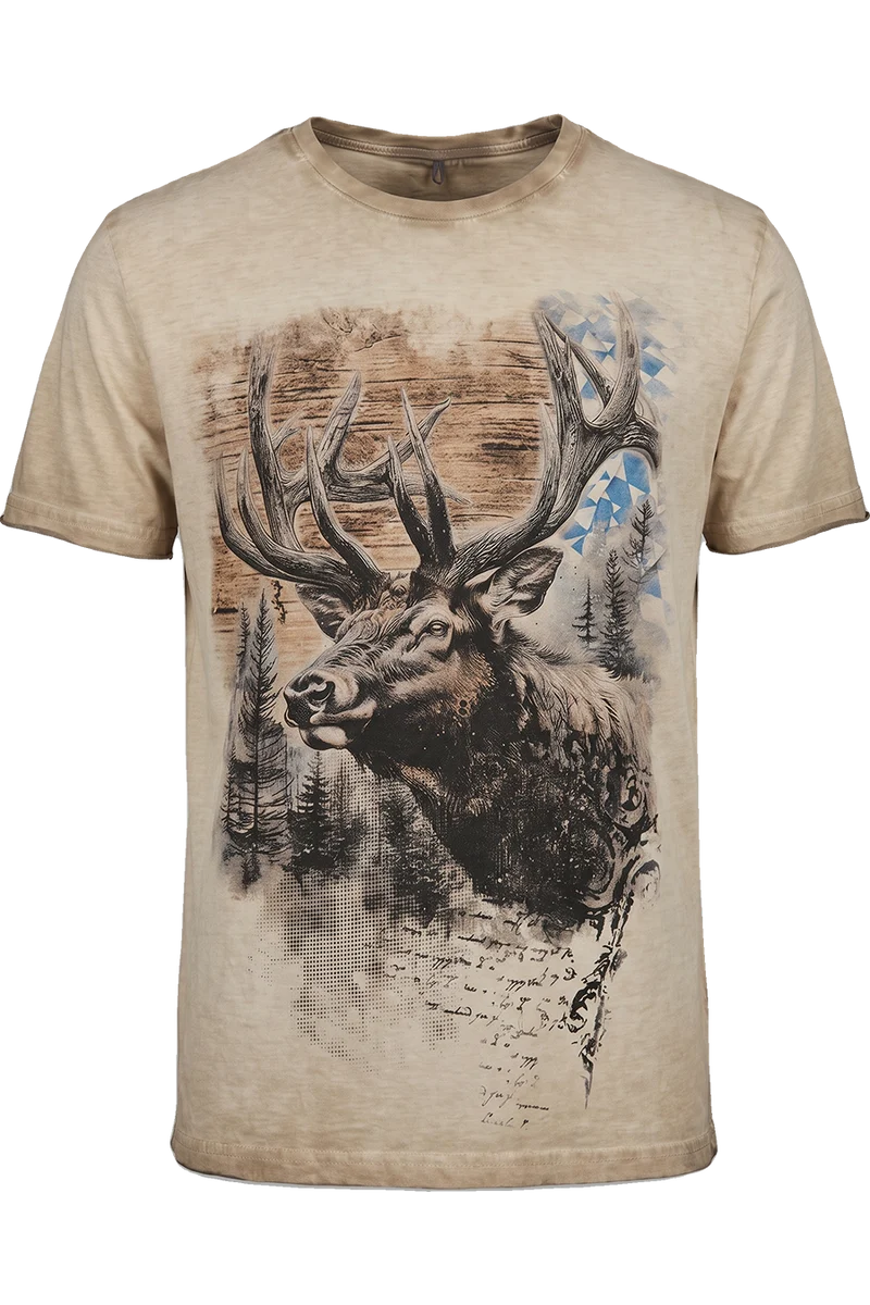 Herren Trachtenshirt mit Hirsch-Motiv - beige