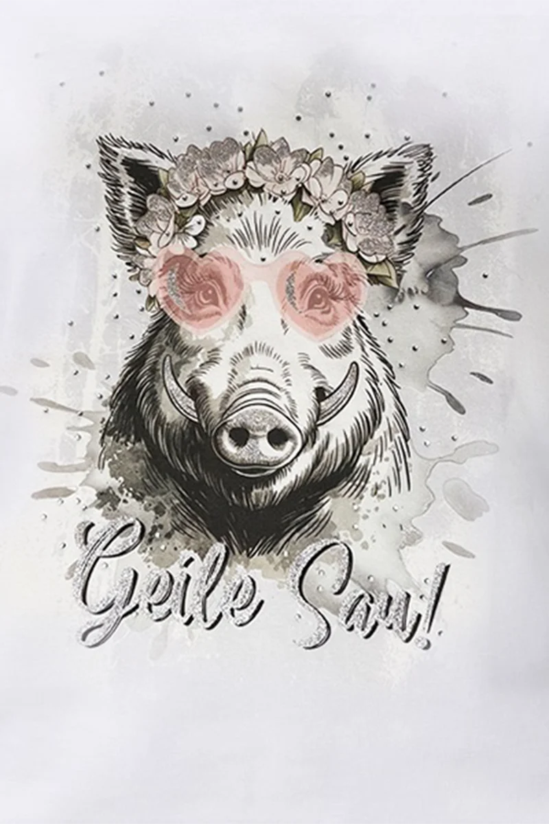 Damen Trachtenshirt mit Wildschwein und Herzbrille - weiß