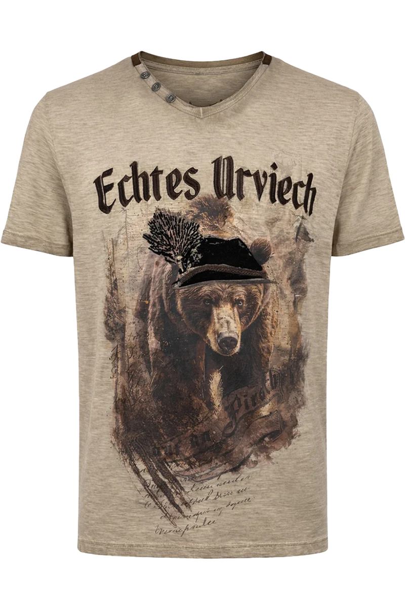 Herren Trachtenshirt mit Bärenmotiv und Samtdruck - greige
