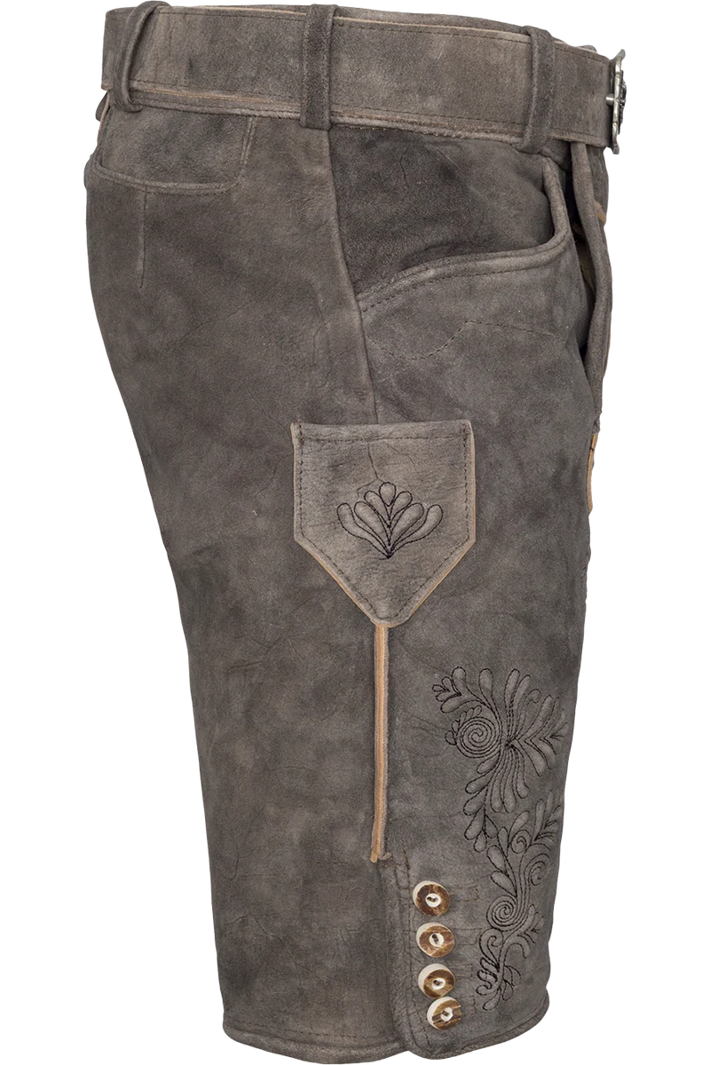 Herren Lederhose kurz mit Stickereien und Gürtel - stonegrey schwarz