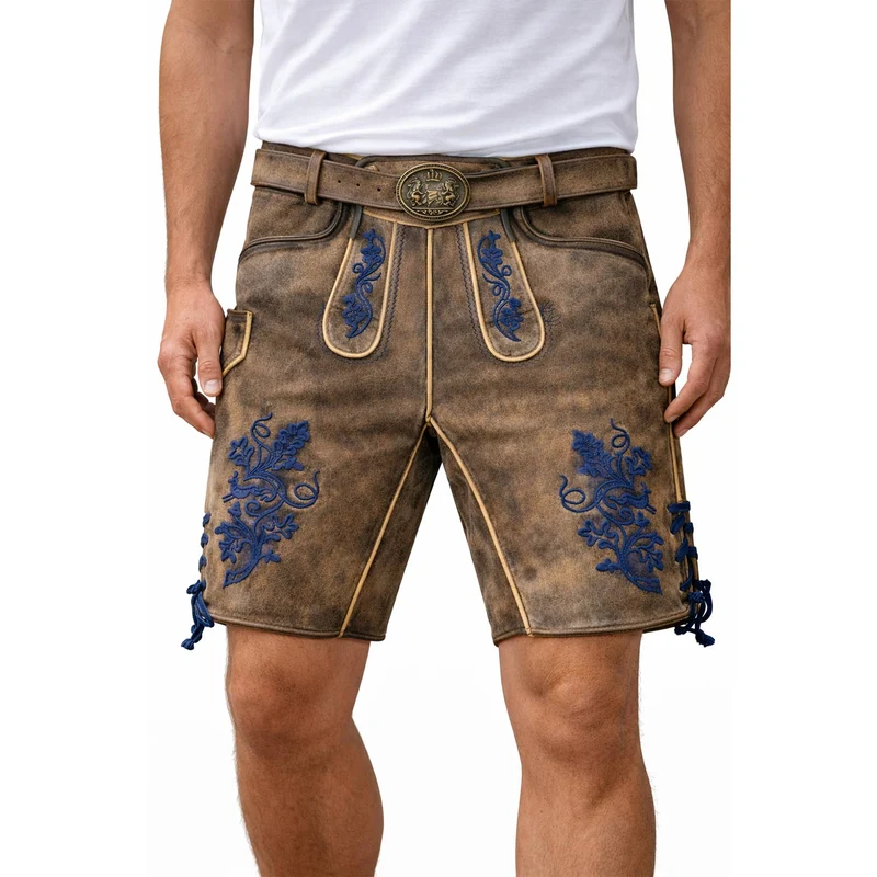 MADDOX Kurze Lederhose "Utz" mit Gürtel | Wildbock er-blau