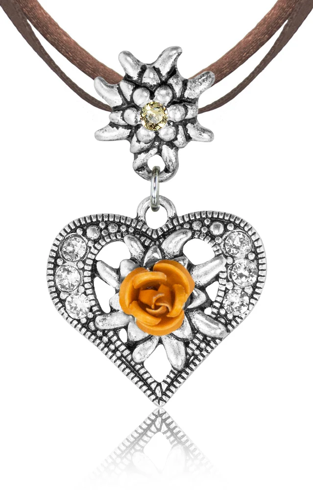 Herz Trachten Halskette mit Rose und Edelweiß | Braun