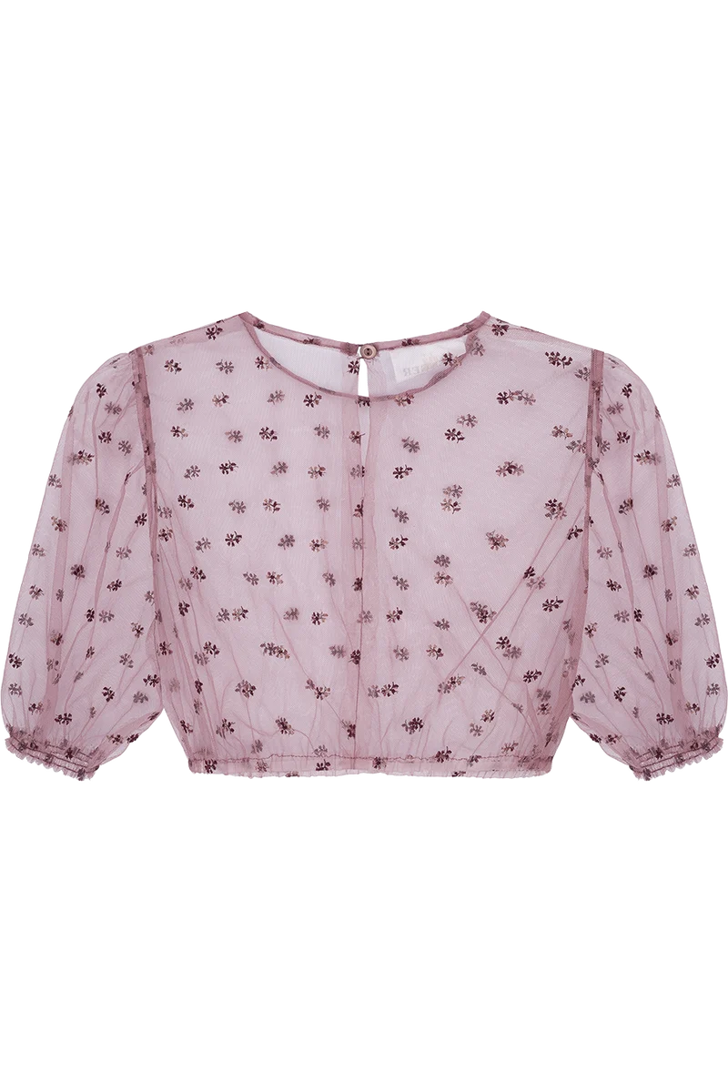 Dirndlbluse aus besticktem Tüll hochgeschlossen - aubergine