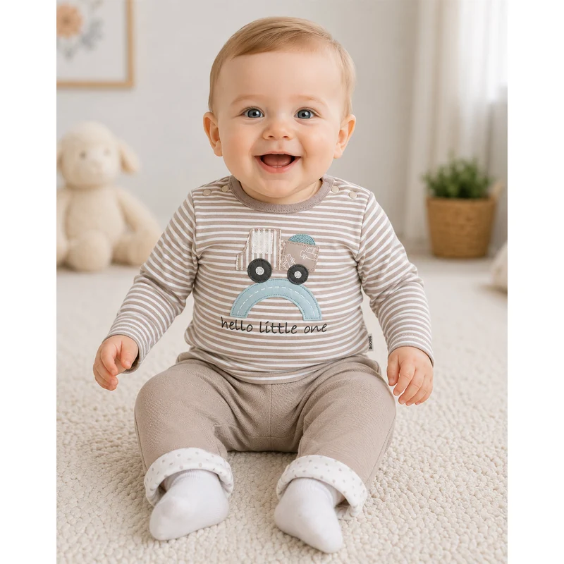 BONDI Baby Langarmshirt "Lastwagen" 93987 | stripe cappuccino white
