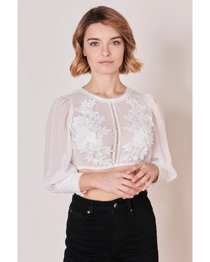 Krüger Collection 3/4 Arm Dirndlbluse "Felia" mit Spitze 214467 | Ecru