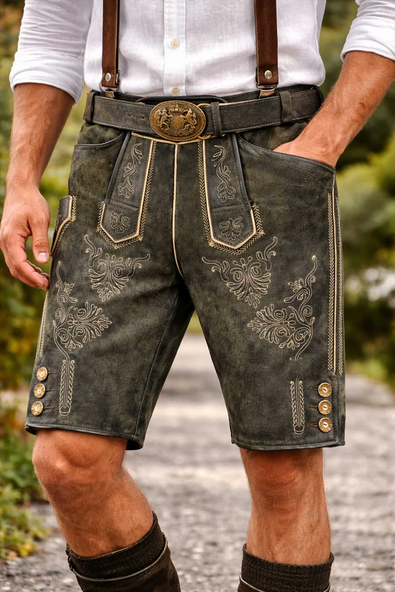 MADDOX Kurze Lederhose "Ammersee" mit Gürtel | Antik Smoke
