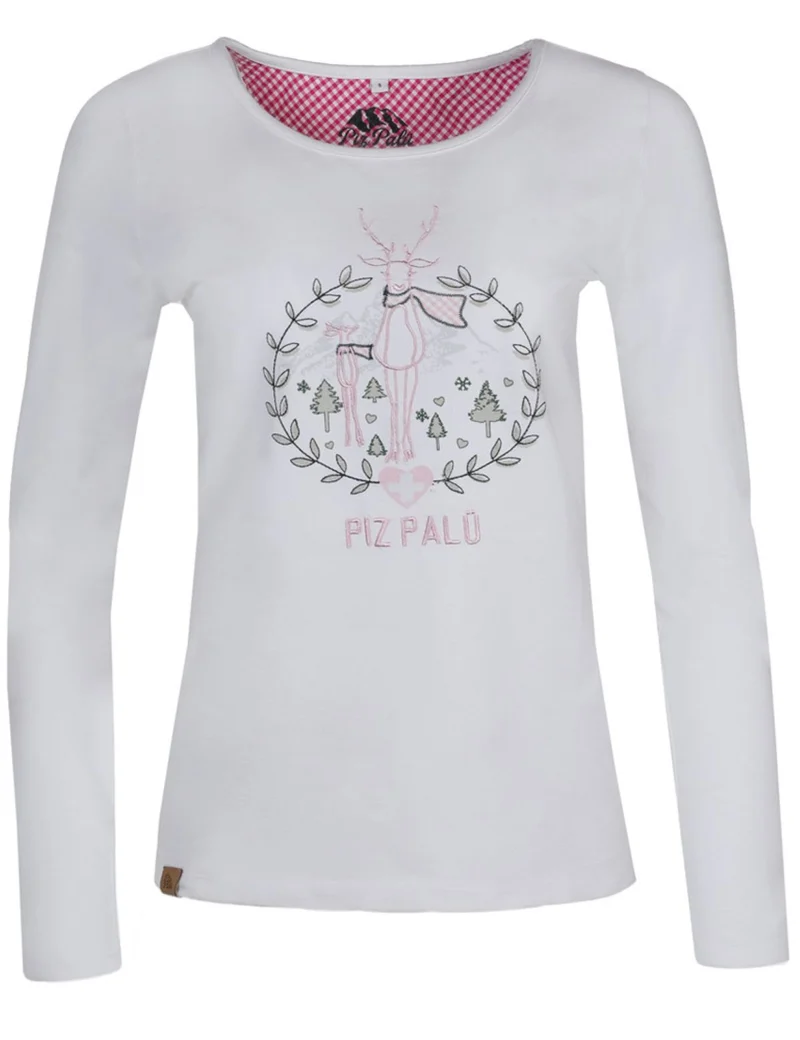 Piz Palü Damen Langarmshirt "Gerach" mit Hirsch Stickerei | 010025 - Weiß
