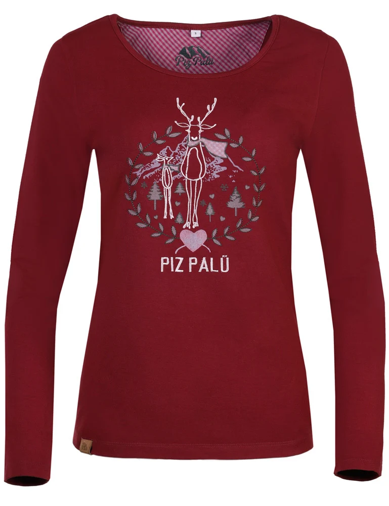 Piz Palü Damen Langarmshirt "Gerach" mit Hirsch Stickerei | 010025 - Dunkelrot
