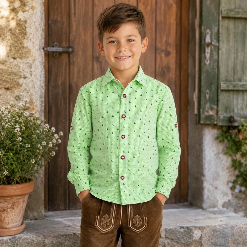 Isar-Trachten Kinder Trachtenhemd "Malte" Hirschdesign 52913 | Grün Kariert